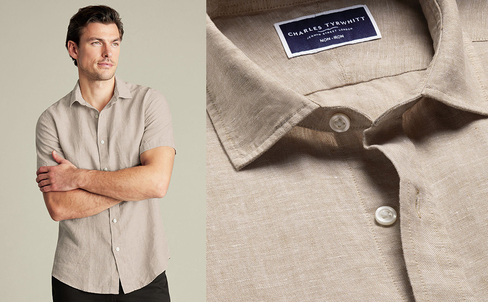 Сharles Tyrwhitt Pure Linen Short Sleeve Shirt Oatmeal