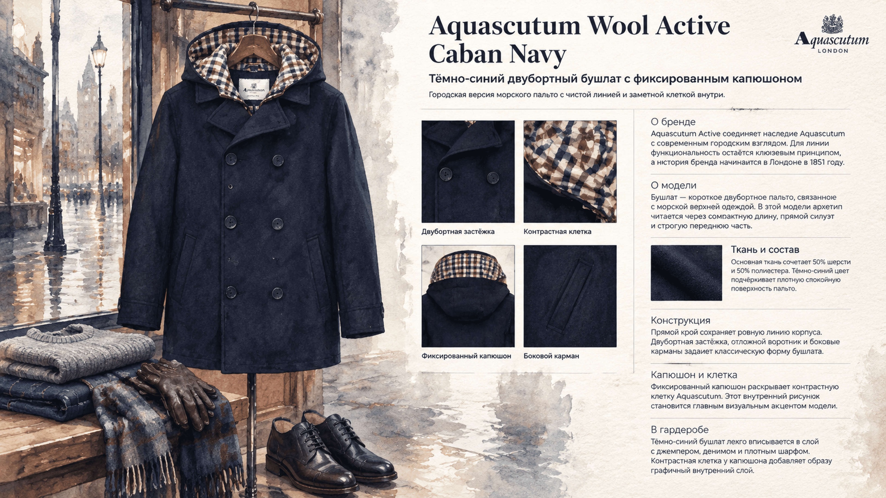 Инфографика Бушлат Aquascutum Wool Active Caban Navy