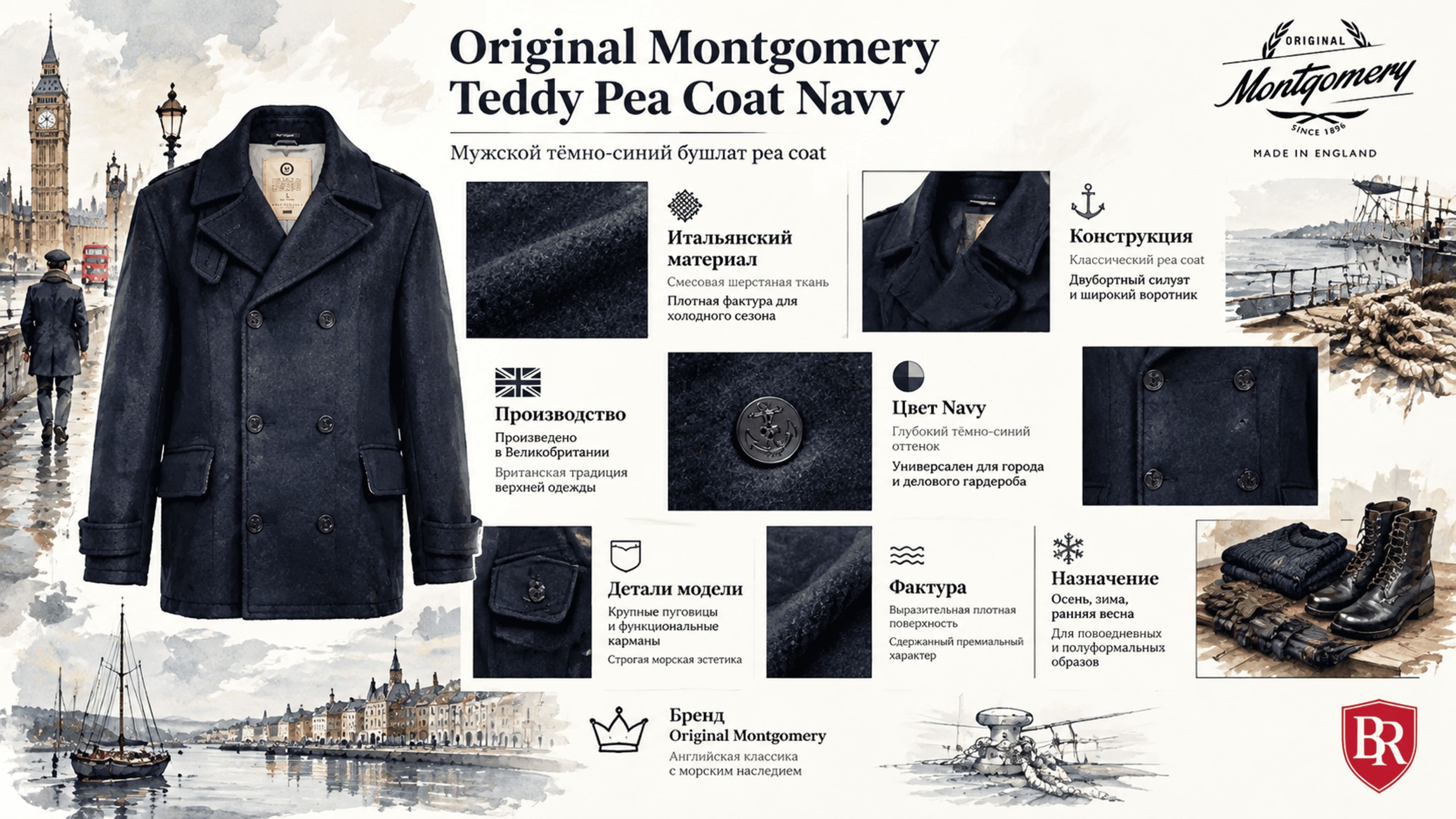 Инфографика Пальто-бушлат Original Montgomery Teddy Pea Coat Navy