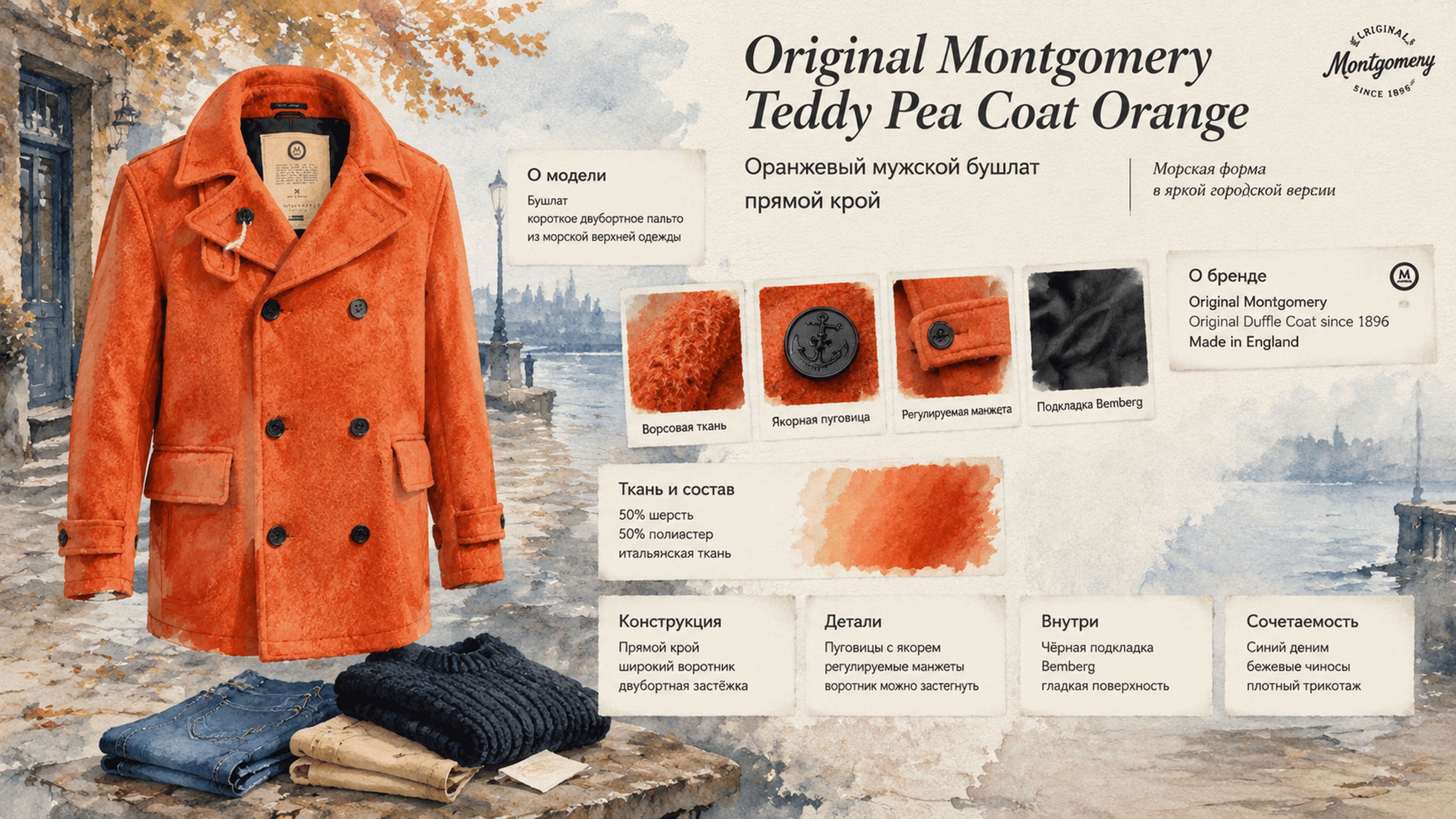 Инфографика Пальто-бушлат Original Montgomery Teddy Pea Coat Orange
