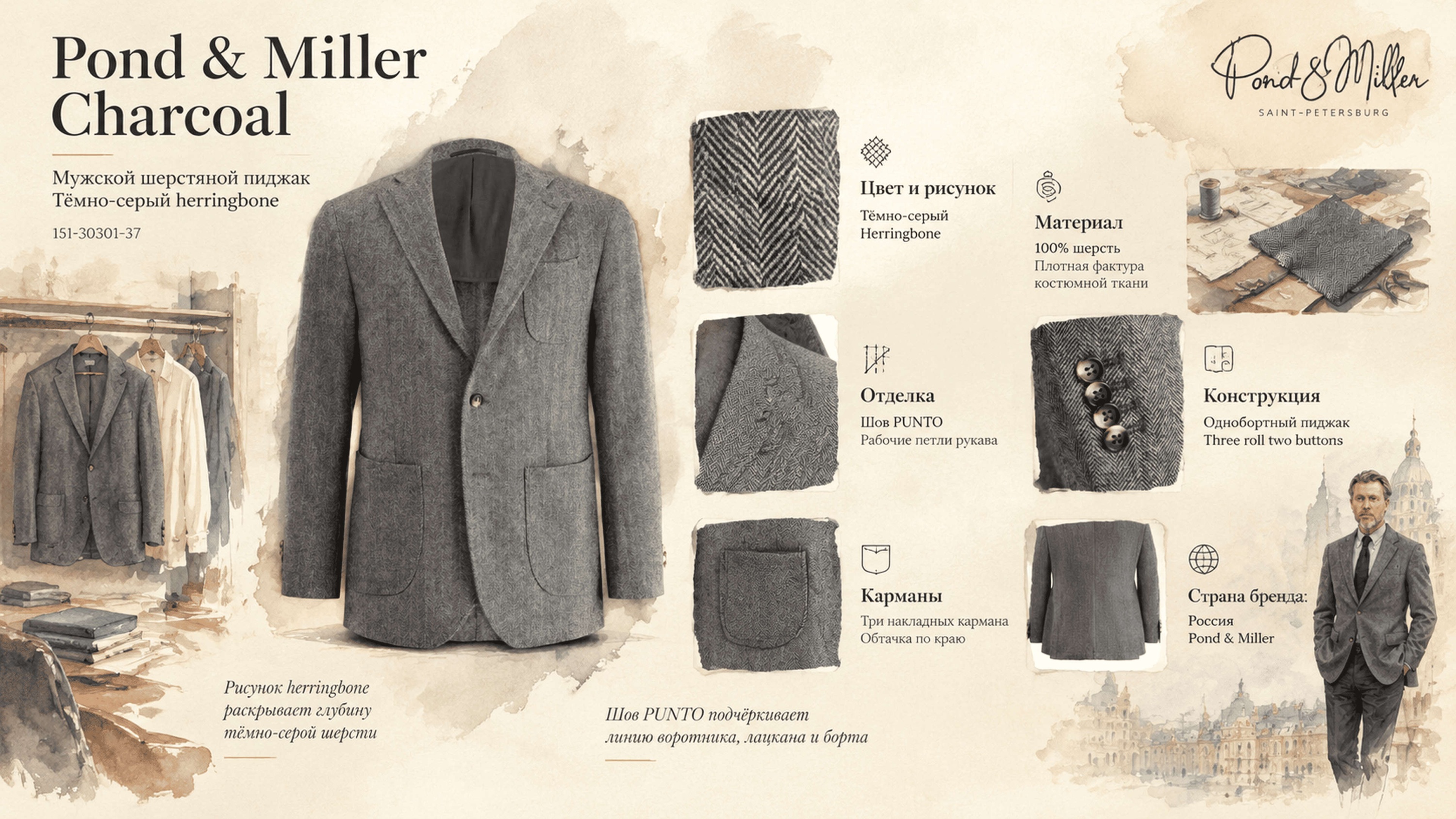 Инфографика Пиджак Pond & Miller Charcoal