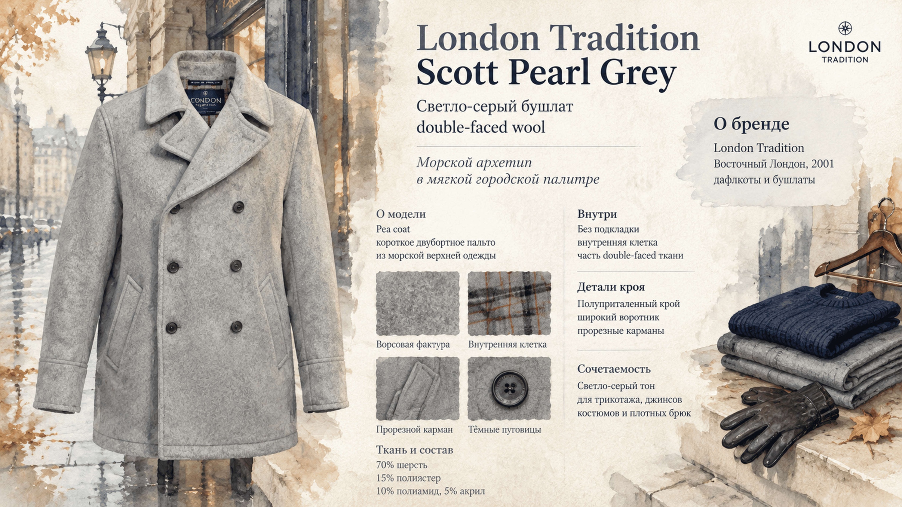 Инфографика Бушлат London Tradition Scott Pearl Grey