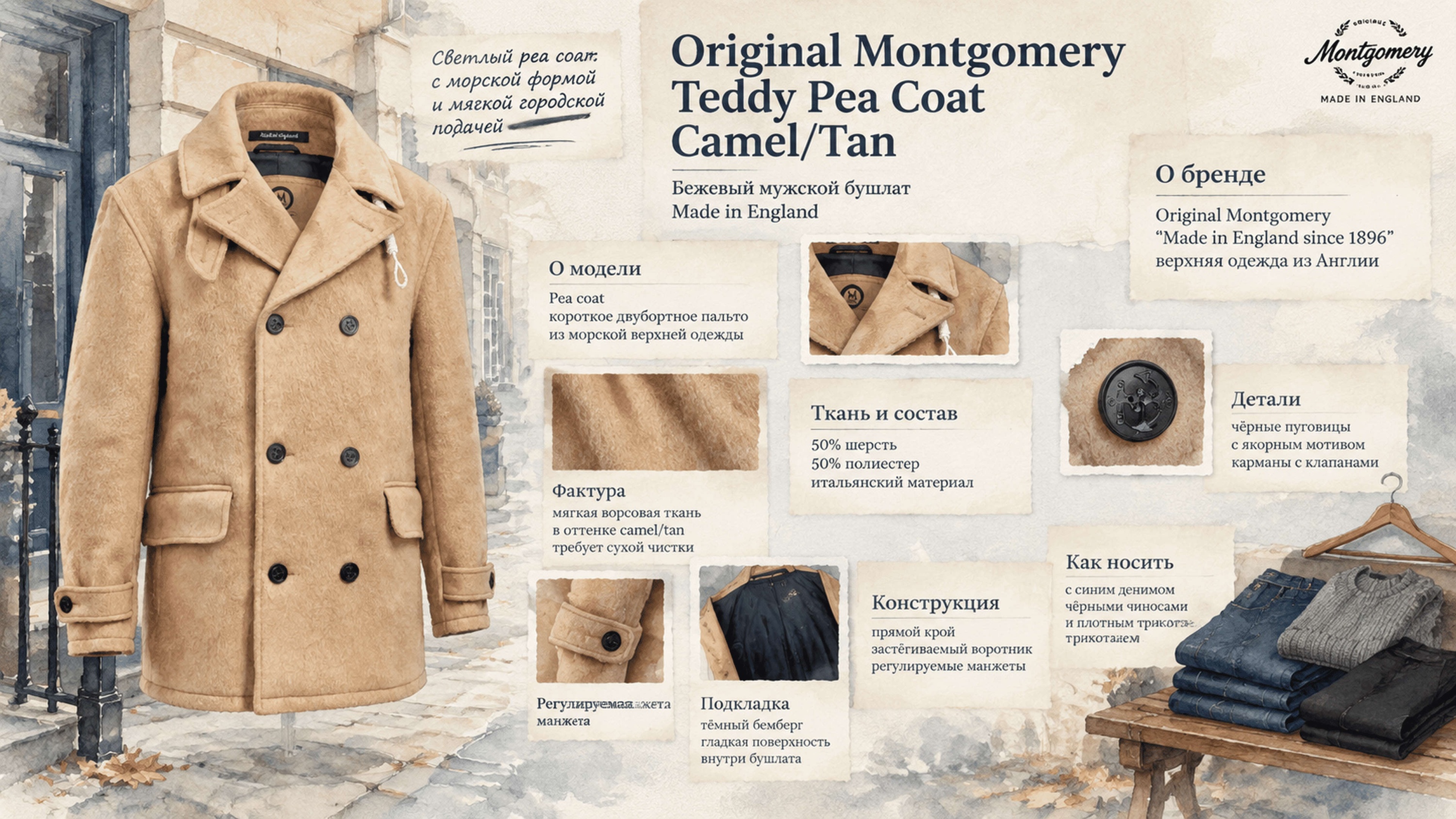 Инфографика Пальто-бушлат Original Montgomery Teddy Pea Coat Camel Tan