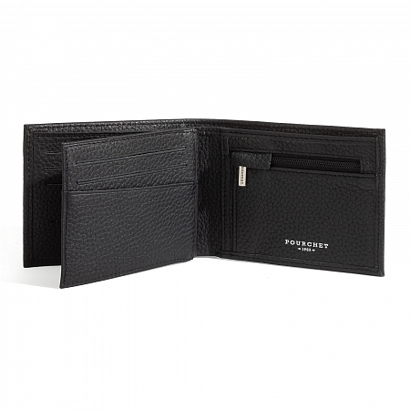 Pourchet ETHAN Cowhide Leather Double Billfold-Trifold-Coin Zip Case Black