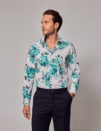 Hawes & Curtis Piccadilly White & Green Floral Diamond Weave Shirt